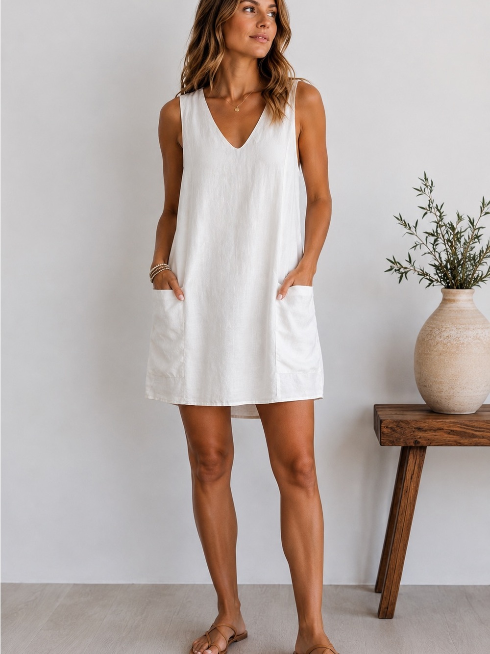 Zara White Sleeveless V-Neck Mini Dress